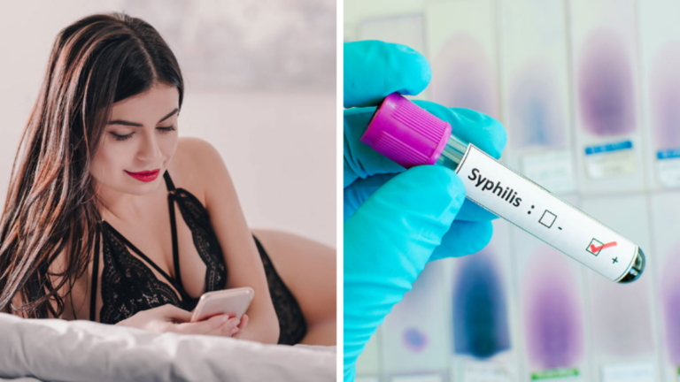 Foto Collage Frau in Dessous am Handy und positiver Syphilis-Test