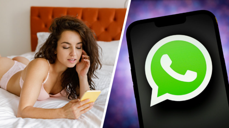 Bilder Collage Frau in Unterwäsche am Smartphone und Whatsapp Logo